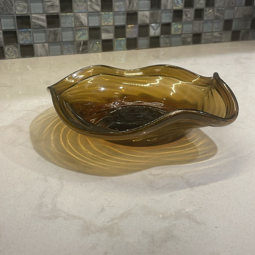 Vintage Fenton Amber Mid Century Modern Bowl, Ashtray Ruffled Edges w/ Waves